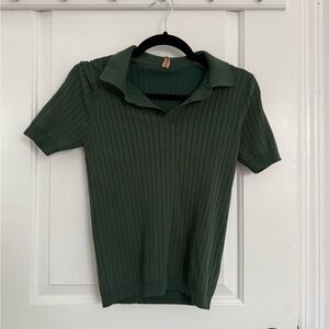 Green Ribbed Short Sleeve Polo Shirt